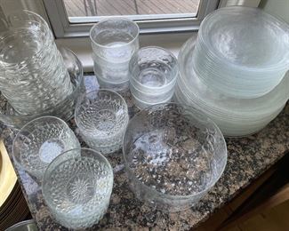 glass dishes:  plates, salad and fruit bowls