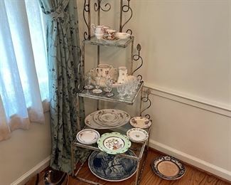 4-tier corner cabinet -(2 available) and Quimper pottery