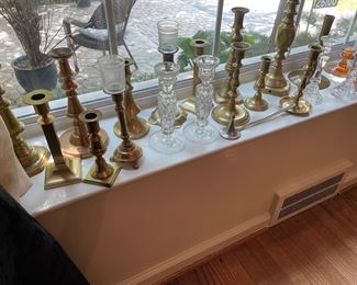 Brass, copper, and crystal candle holders