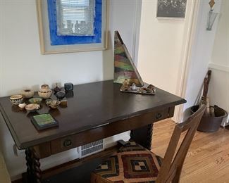 Tressel desk with 2 drawers - excellent condition, and walnut desk chair, pottery collection and framed artwork