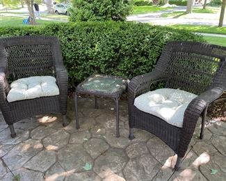 Wicker patio chairs and side table 