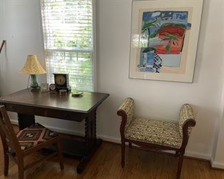 Tressel desk, desk chair, settee and framed watercolor