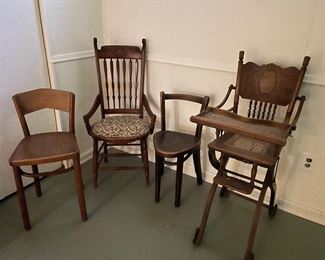 Collection of wood chairs and vintage highchair