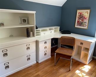 White pottery barn corner desk, double file cabinet and bookcase, Cesca Chair 