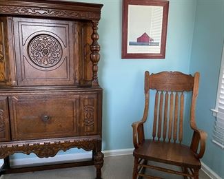 1920's circa storage chest - carved - excellent condition, wood rocking chair and framed "barn" artwork