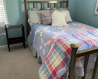 Queen Brass bed, mattress set, and wood nightstand