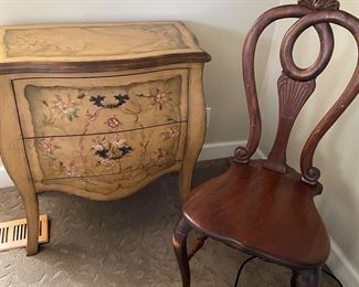 2-drawer hand-painted storage chest and curved wood side chair