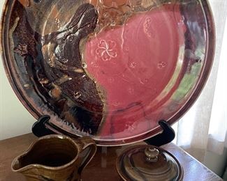 Glick pottery:  large platter, and cream and sugar pieces