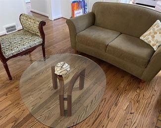 Another view of the round glass/wood cocktail table, 2-cushion loveseat and vintage settee