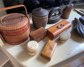 Vintage and antique items:  iron, boxes, urns and more