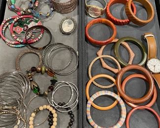 Bracelets: wood, acrylic, metal, beaded