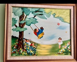 Signed fun colorful children playing oil painting framed.