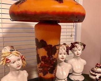 33 inches tall cameo Gall 'e reproduction glass lamp. The large porcelain hand painted bust is the four seasons, each wearing the season on their head, will post closeup on one.