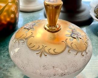 Murano glass gold painted with applied porcelain flowers covered dish 