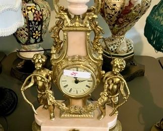 Quick old pictures, don't have my notes working, heavy pink marble gilded brass Putti mantle clock with inventory number