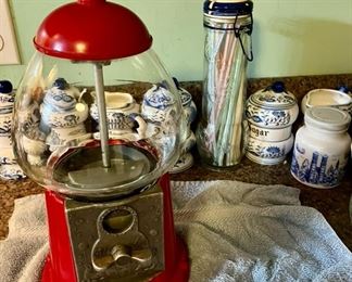 Vintage older blue onion canister set, other blue and white dishes not pictured.