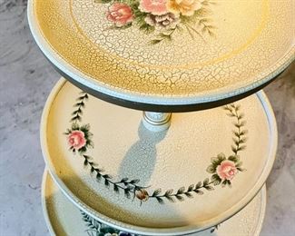 Three tier hand painted serving table or use for displays, tiers unscrew. Newer