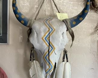 $150 - NATIVE AMERICAN PAINTED BUFFALO SKULL W/HORNS - 21"W X 16"H - PURCHASED FROM PRAIRIE EDGE, S DAKOTA 