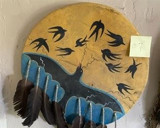 $175 - FIRST RAIN RAVEN AND SWALLOWS SHIELD -  NATIVE AMERICAN MADE - 20"W - PURCHASED FROM PRAIRIE EDGE, S DAKOTA 