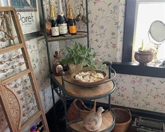 $175 - HEAVY IRON AND BUTTCHER BLOCK BAR CART/BAKERS RACK ON WHEELS - 36"D X 20"W X 72"H