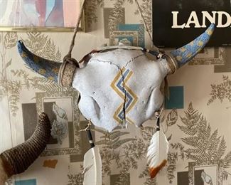 $100 - NATIVE AMERICAN PAINTED BUFFALO SKULL W/HORNS - 20"W - PURCHASED FROM PRAIRIE EDGE, S DAKOTA 