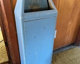 $90 - VINTAGE WALL MOUNT TRASH CAN W/LINER - NEEDS NEW SPRING - 16"W X 9"D X 43"H
