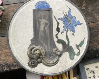 $130 - MARC SIJAN LISTED ARTIST RAKU DECO NOUVEAU CERAMIC ROUND WALL SCULPTURE - PAPER LABEL - 14.5" DIAMETER