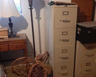 File cabinets, holiday decor,  vintage pole lamp