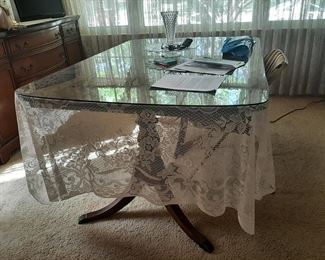 Dining room wood table with protective custom top glass, additional leaves included