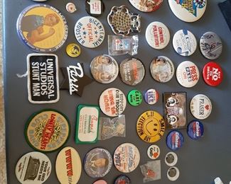 Collection of button pins, advertising