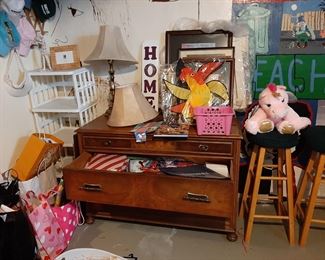 Antique dresser, stools storage shelves gift bags