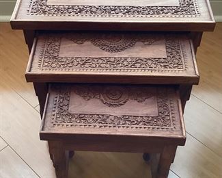 Set of 3 Ornate Carved Wooden Nesting Tables                                                                                  Large 18.5L x 12W x 18.5H                                                 Medium 14.5L x 10W x 17.5H                                                 Small 11L x 8.75W x 16H