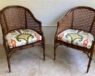 (2) Bamboo and cane barrel back armchairs w/Ikat print seat cushions, 22.5L x 22W x 32H 