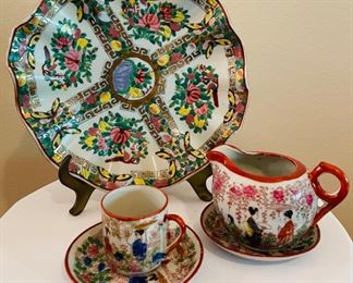 20” fluted rose medallion plate on stand, demitasse cup and saucer, creamer, saucer