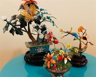 Cloisonné bonsai tree, Karen Howard cloisonné floral, cloisonné planter w tree & bird