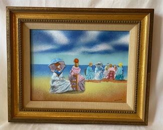 Daniel Belliard “Beach Scene” enamel on copper *signed* 10.5 x 8.5 