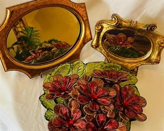  Small decorative mirrors, green glass bowl, designer napkin holders set of 7