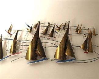 Large Brass sailboat wall art.  Designed and made by Curtis Jere’.  Original Artist’s  sticker on back.