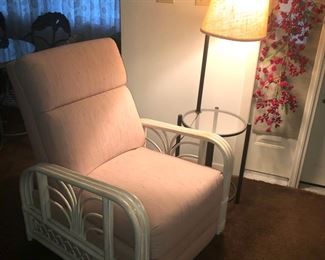 Bamboo arm chair with rose colored fabric, excellent condition