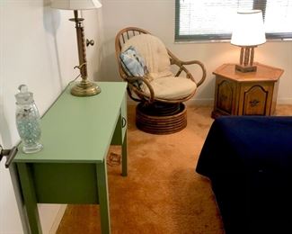 MCM desk, adjustable lamp, rattan swivel chair, octagonal lamp table, lamp