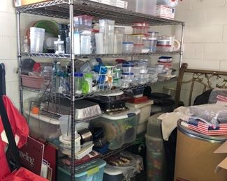 Large supply of plastic storage ware.  Seasonal decor to be unpacked.  All stainless shelves and metal shelves are for sale.  