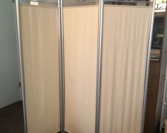 Vintage folding screen.  Aluminum frame and scrollwork.  Fabric panels.