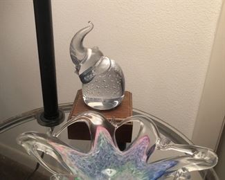 Blown glass elephant lighted.  Art glass free form bowl.