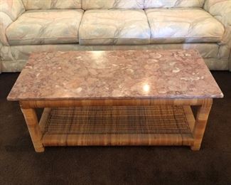 Pink marble top wicker coffee table