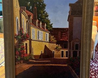 Framed Street Scene Original Oil on Canvas Signed By Luis Fuentes (58"L x 46"W x 3"D)