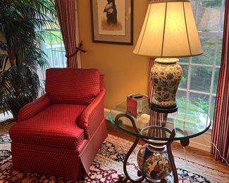 Harden Upholstered Armchair with Round Glass Pedestal Accent Table