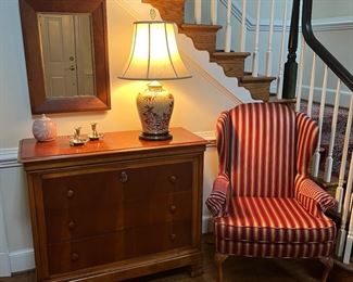 Romweber 3 Drawer Chest of Drawers & Striped Upholstered Wingback Armchair