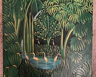 Jungle Scene Original Oil on Canvas Signed by Roland Cajuste (16"L x 12"W)