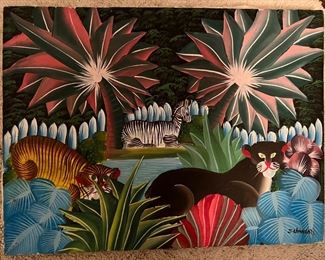 Jungle Scene Original Oil on Canvas Signed by J. Charlot (16"W x 12"L)