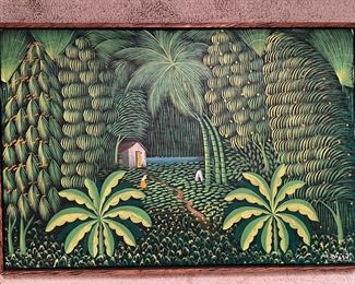 Framed Jungle Scene Original Oil on Canvas Signed by Henri Bresil (24-3/4"W x 17"H)